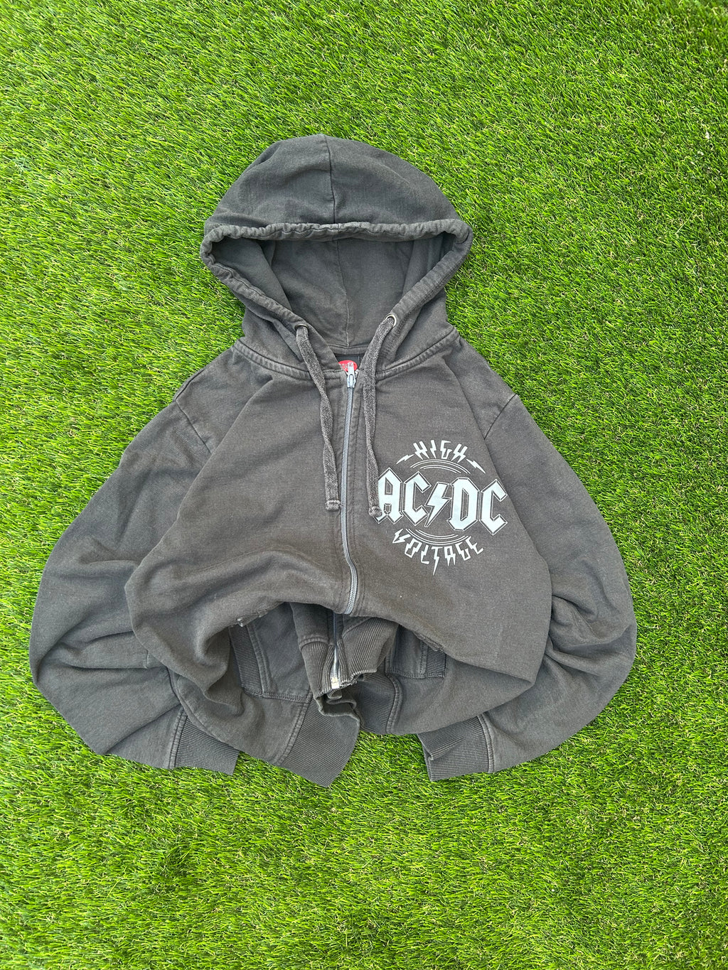 Vintage AC/DC Grey Distressed Zip Up Hoodie Y2K Rock Band Grunge Streetwear