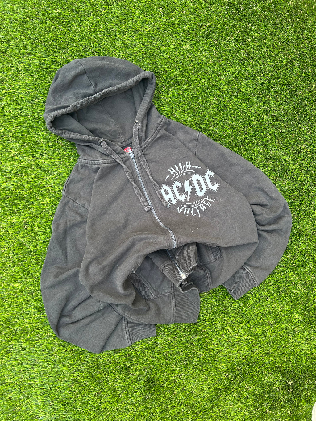 Vintage AC/DC Grey Distressed Zip Up Hoodie Y2K Rock Band Grunge Streetwear