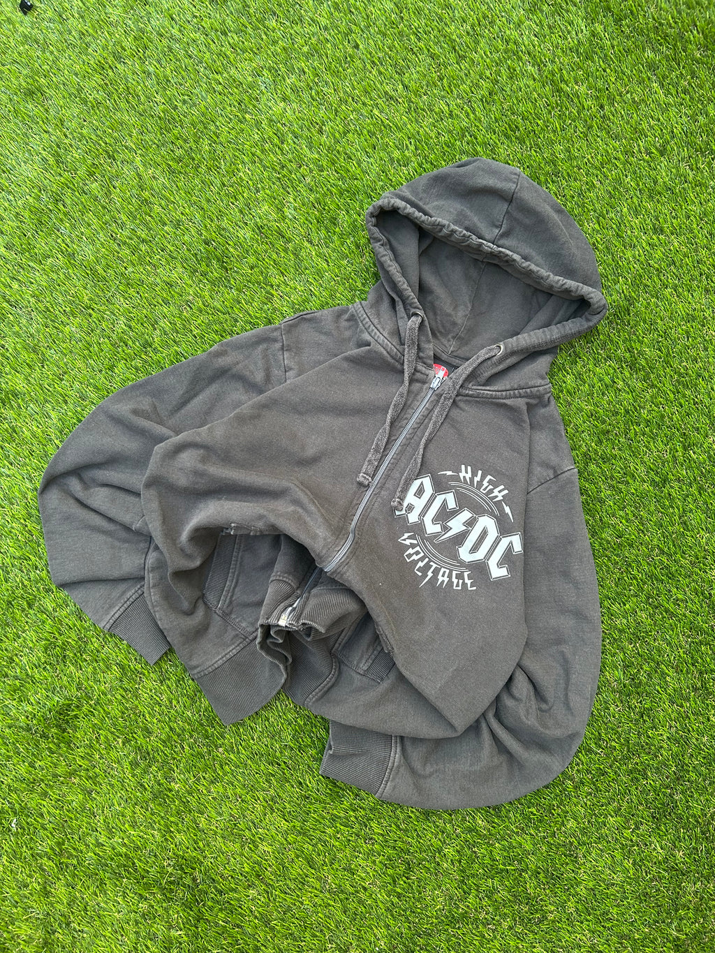 Vintage AC/DC Grey Distressed Zip Up Hoodie Y2K Rock Band Grunge Streetwear