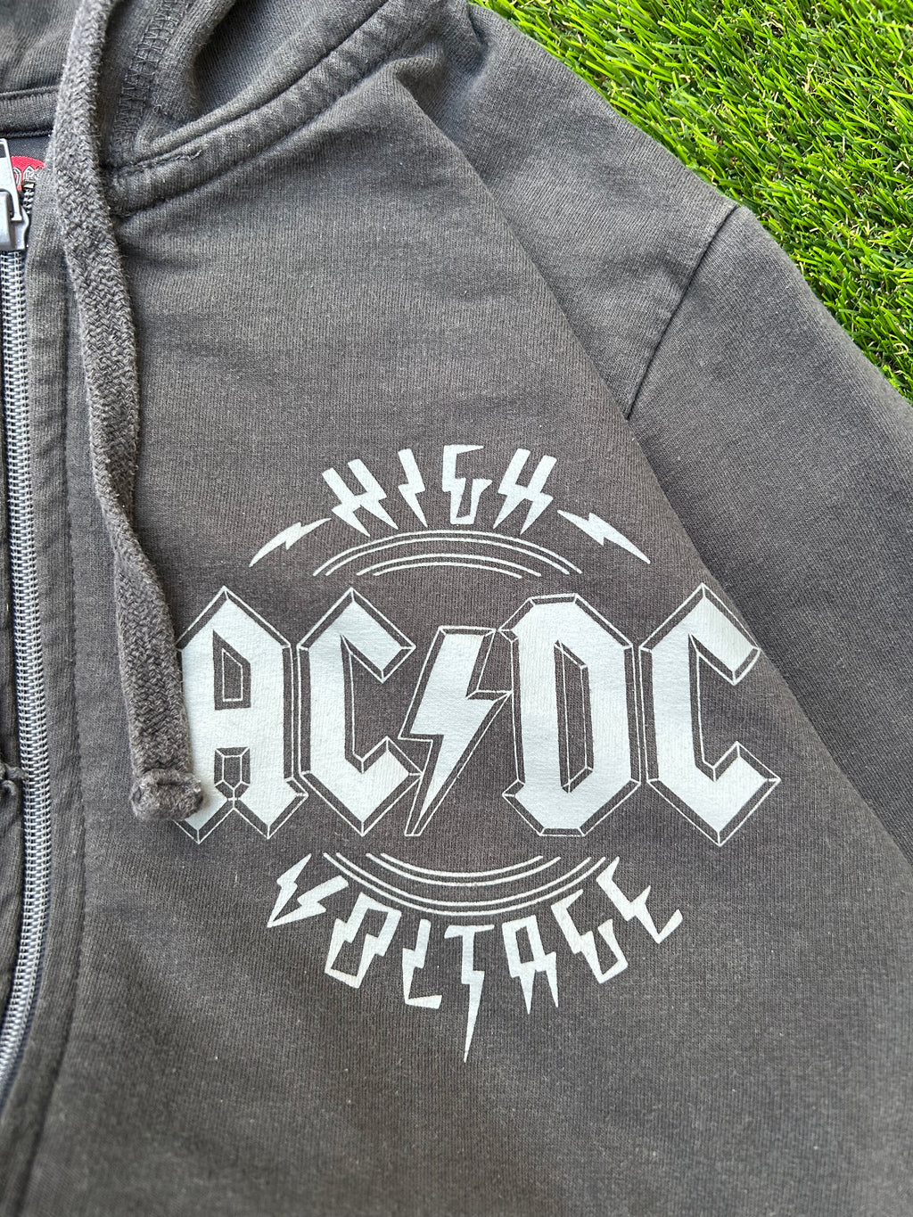 Vintage AC/DC Grey Distressed Zip Up Hoodie Y2K Rock Band Grunge Streetwear