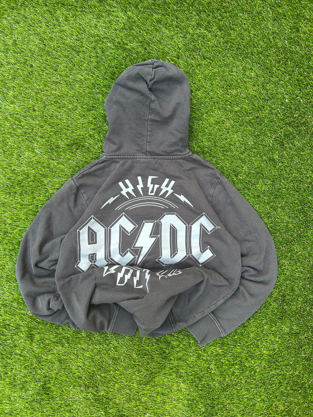 Vintage AC/DC Grey Distressed Zip Up Hoodie Y2K Rock Band Grunge Streetwear
