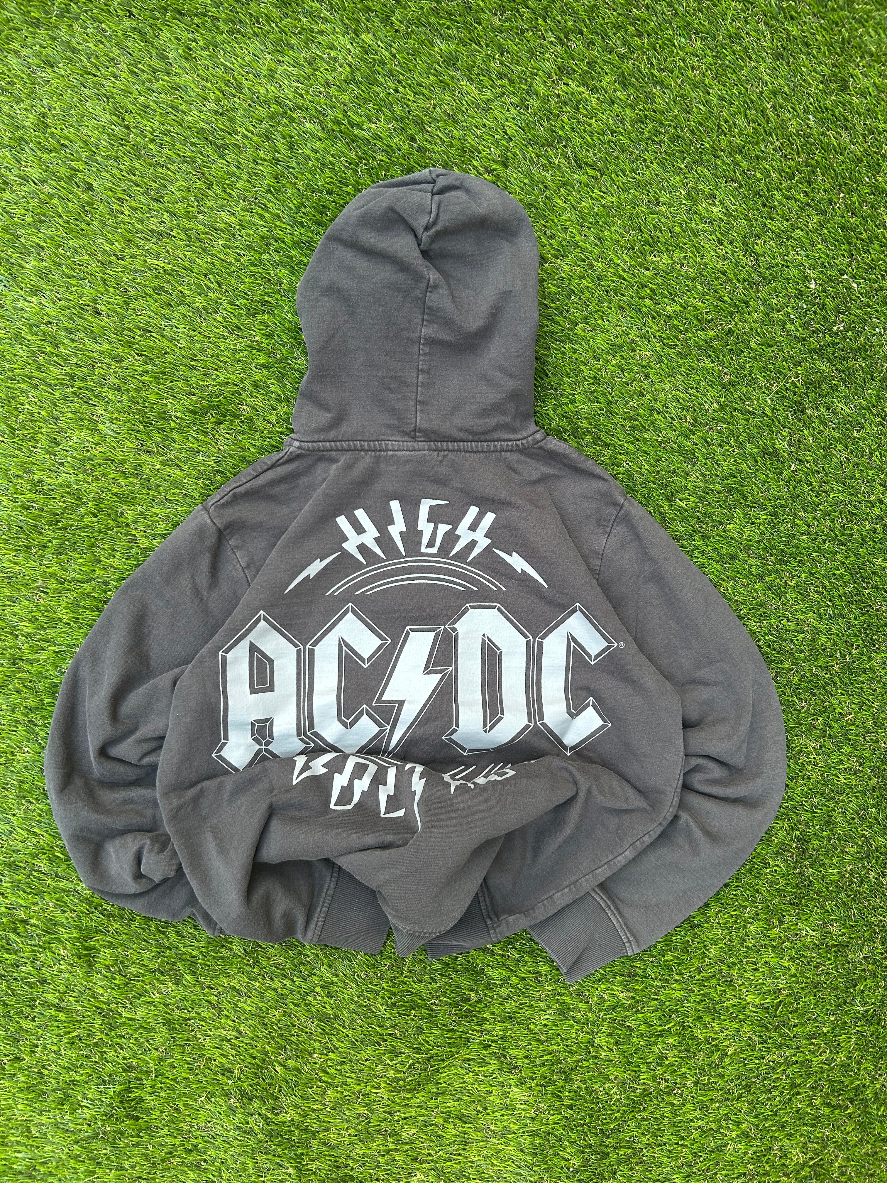 Vintage AC/DC Grey Distressed Zip Up Hoodie Y2K Rock Band Grunge Streetwear