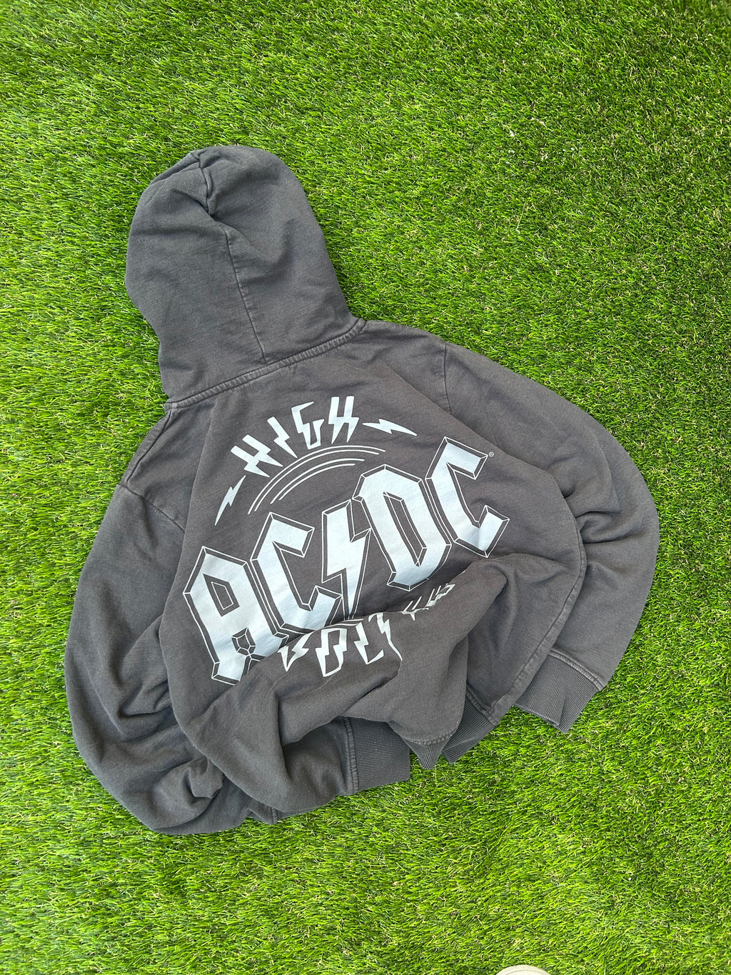 Vintage AC/DC Grey Distressed Zip Up Hoodie Y2K Rock Band Grunge Streetwear