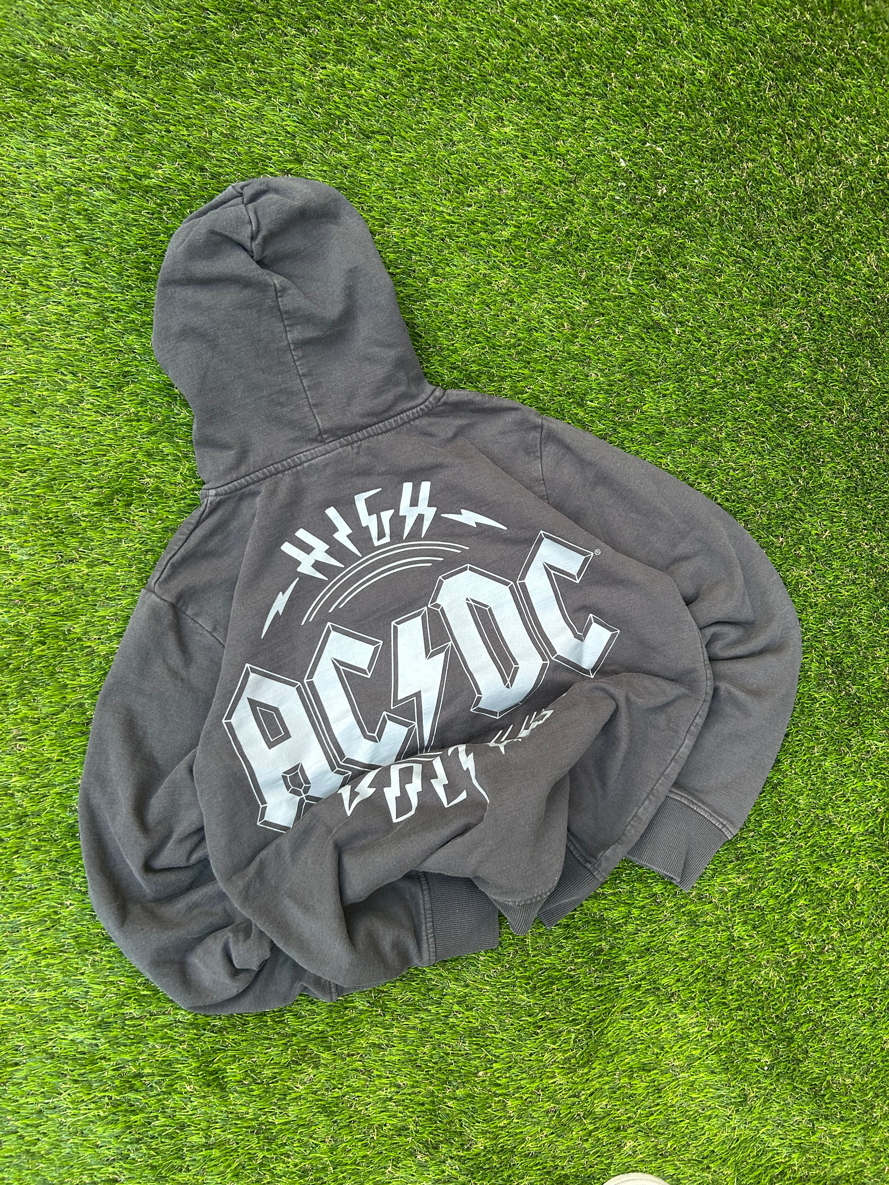 Vintage AC/DC Grey Distressed Zip Up Hoodie Y2K Rock Band Grunge Streetwear