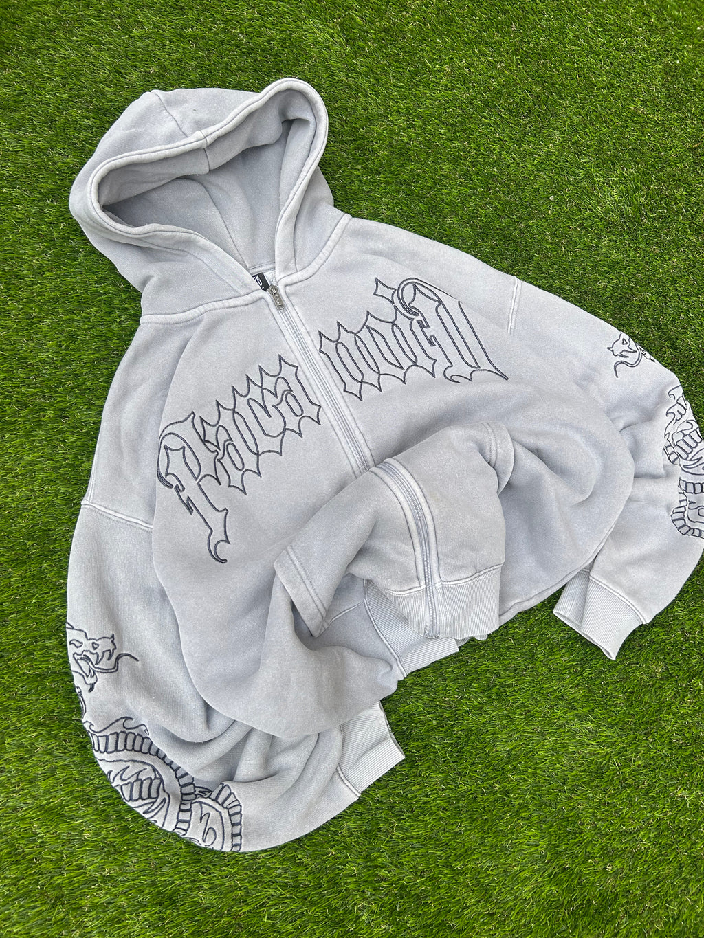 Vintage Paranoid Snake Embroidered Grey Zip Hoodie