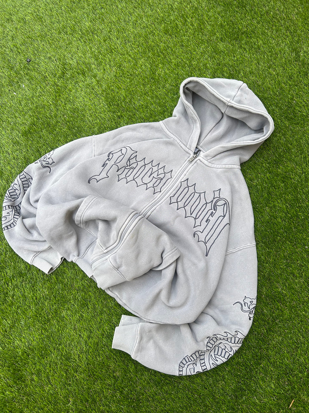 Vintage Paranoid Snake Embroidered Grey Zip Hoodie