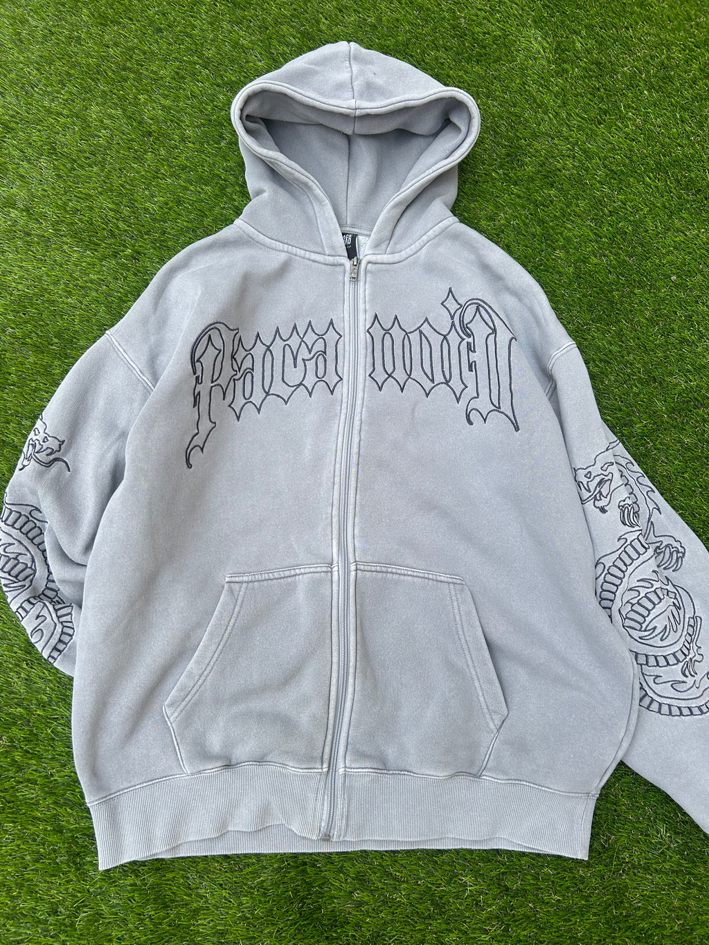 Vintage Paranoid Snake Embroidered Grey Zip Hoodie