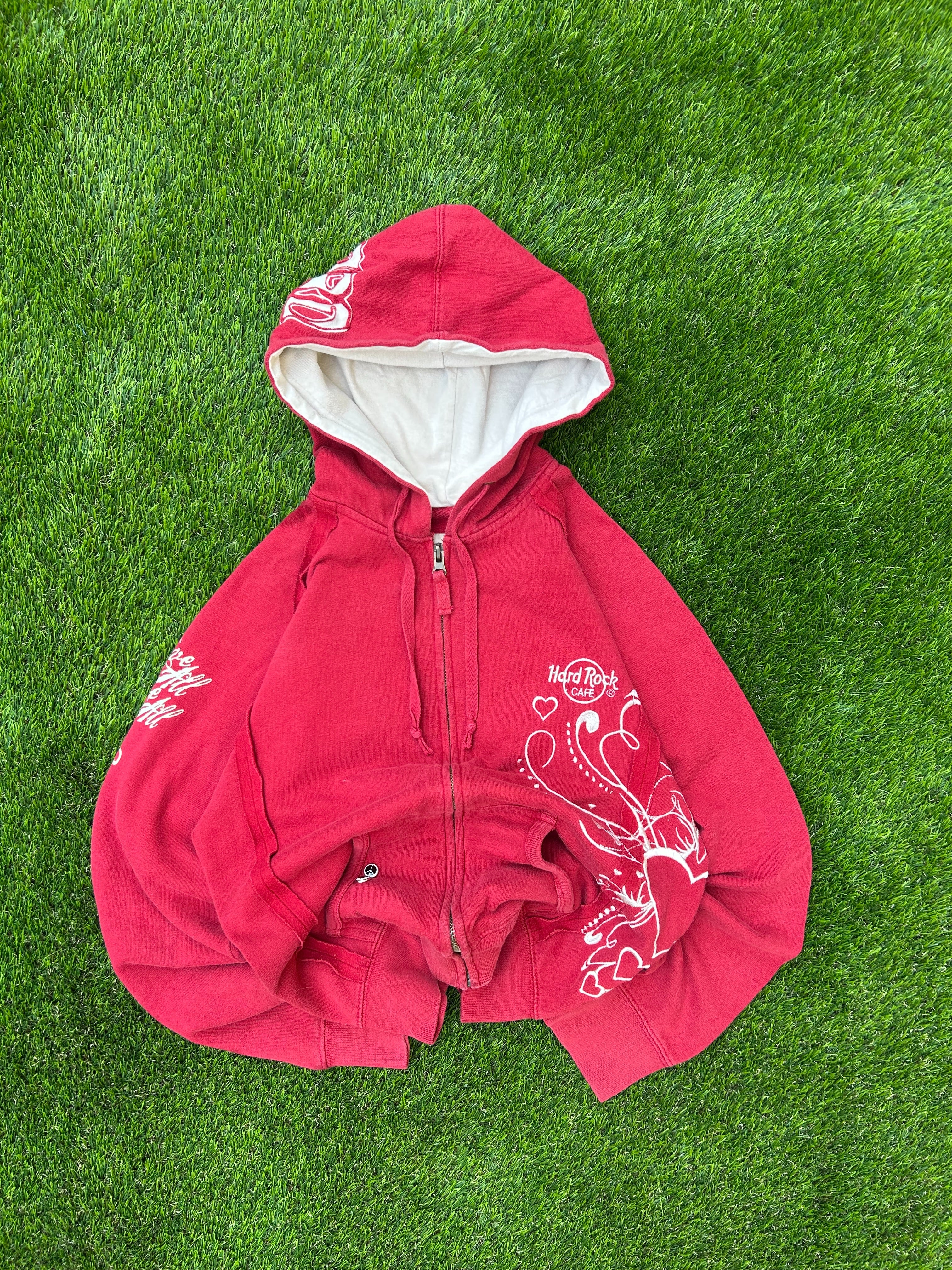 Hard Rock Café Red Zip Hoodie 2002 Embroidered Y2K 2000s Surf Skate Rave Techno Boxy Cropped Oversize