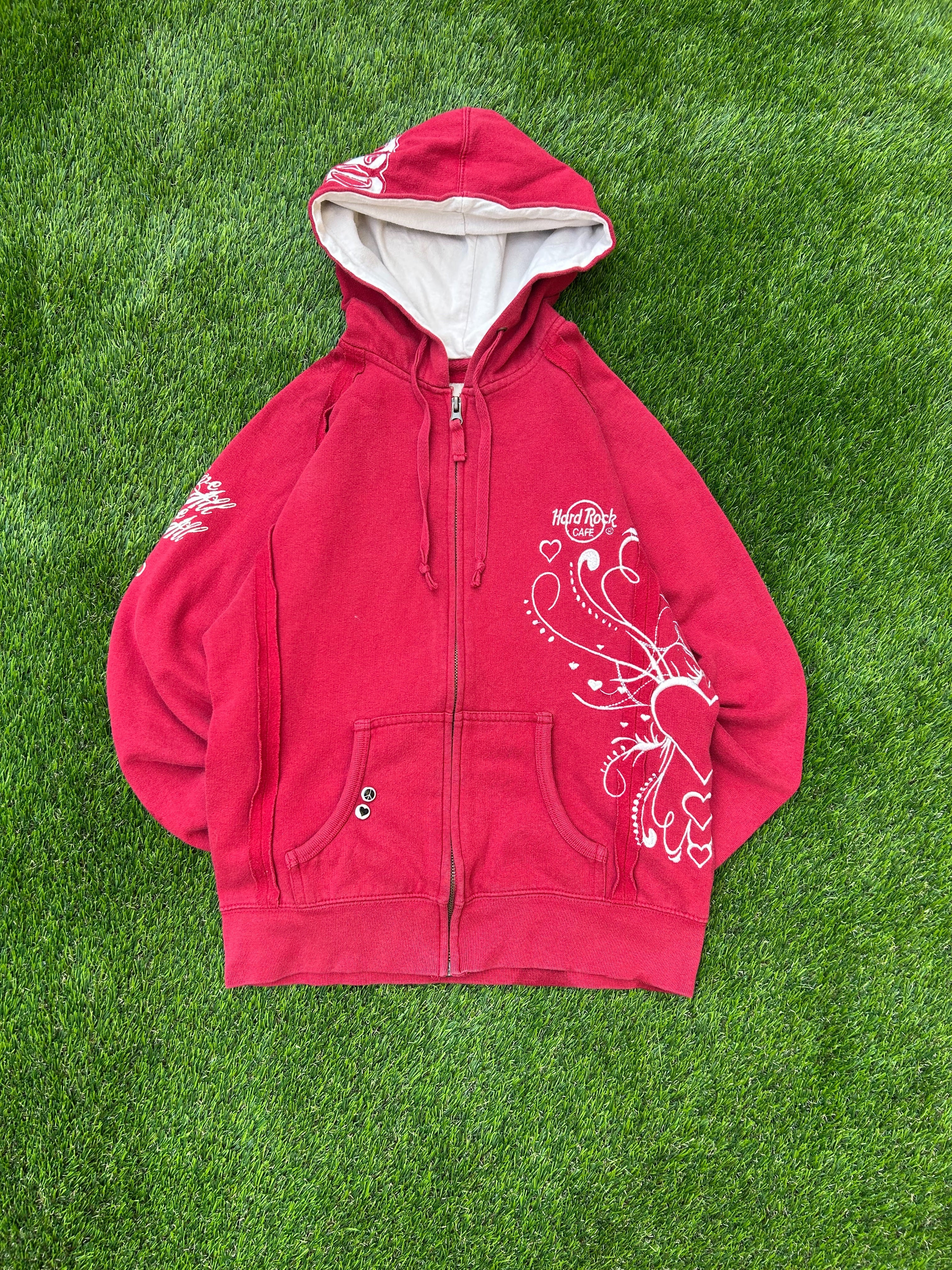 Hard Rock Café Red Zip Hoodie 2002 Embroidered Y2K 2000s Surf Skate Rave Techno Boxy Cropped Oversize