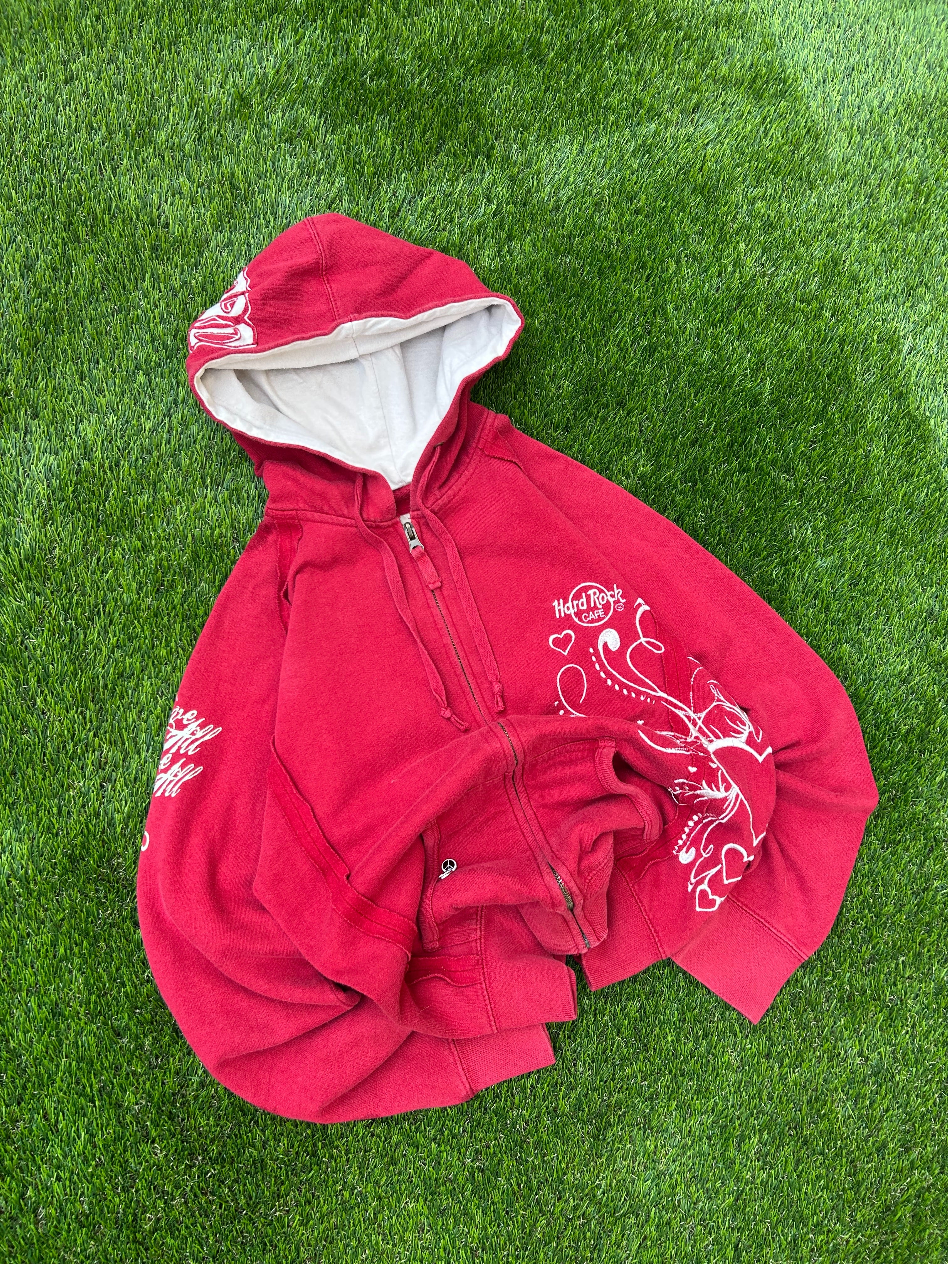 Hard Rock Café Red Zip Hoodie 2002 Embroidered Y2K 2000s Surf Skate Rave Techno Boxy Cropped Oversize