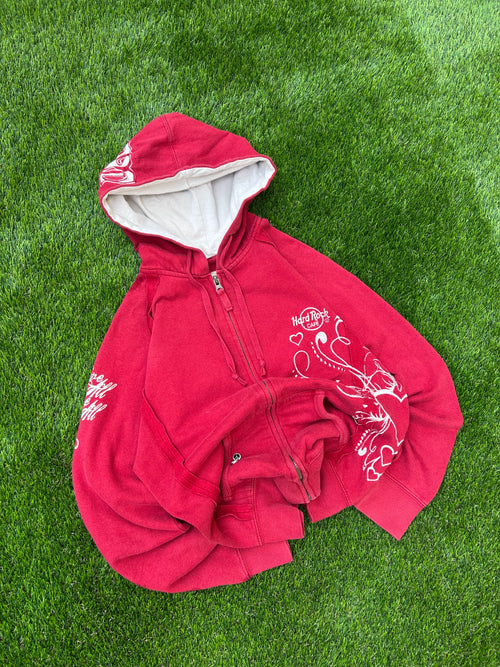 Hard Rock Café Red Zip Hoodie 2002 Embroidered Y2K 2000s Surf Skate Rave Techno Boxy Cropped Oversize