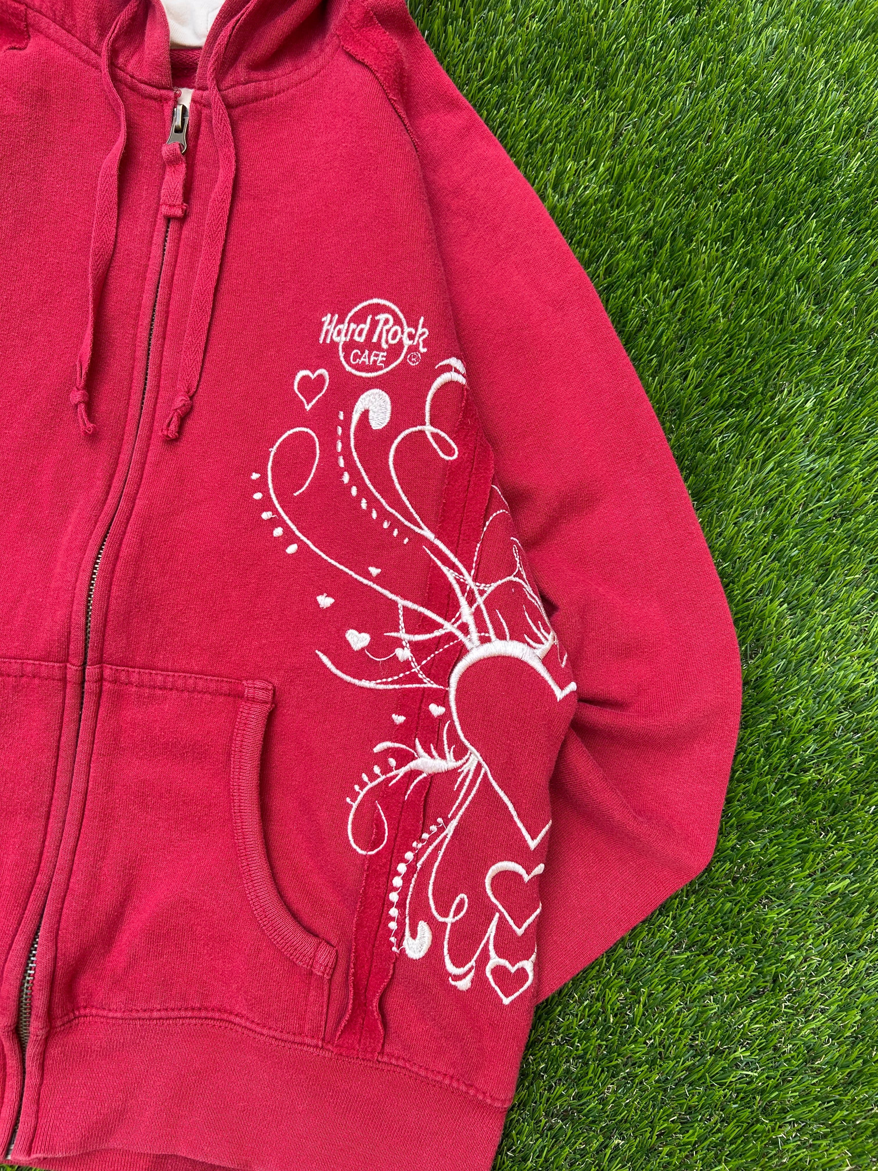 Hard Rock Café Red Zip Hoodie 2002 Embroidered Y2K 2000s Surf Skate Rave Techno Boxy Cropped Oversize