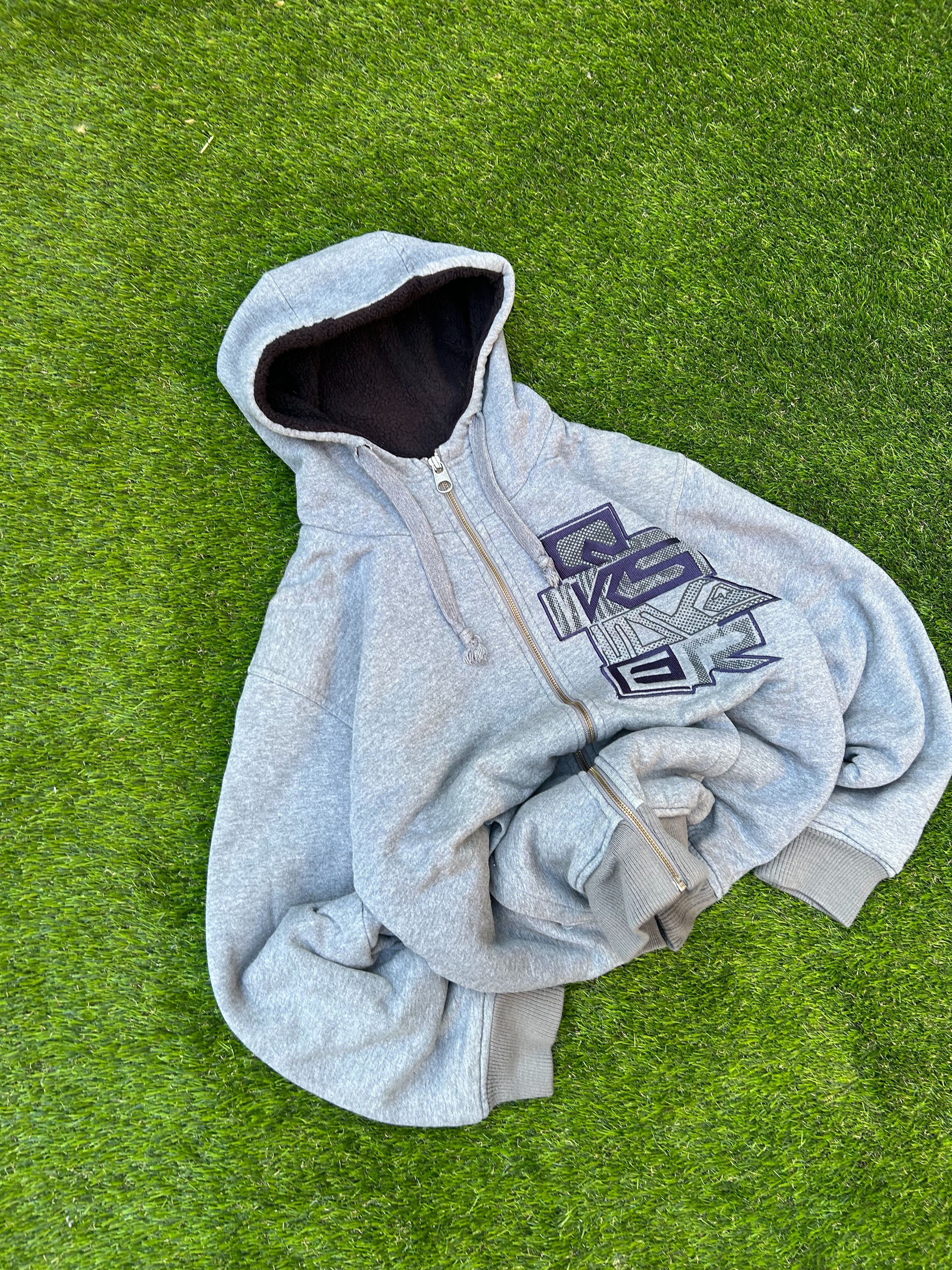 Vintage Quiksilver Grey Fur Lined Zip Hoodie Y2K Surf Skate