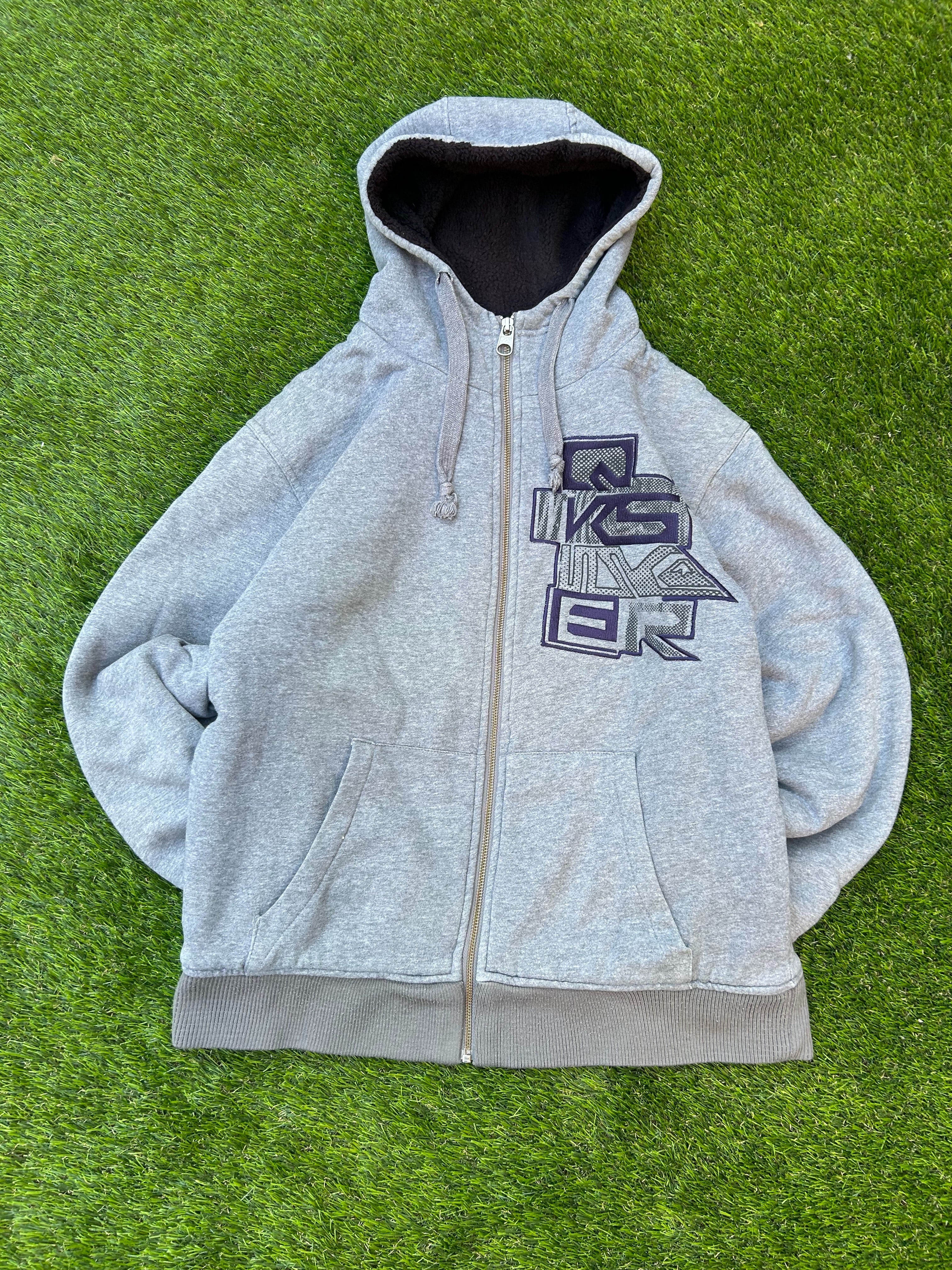 Vintage Quiksilver Grey Fur Lined Zip Hoodie Y2K Surf Skate