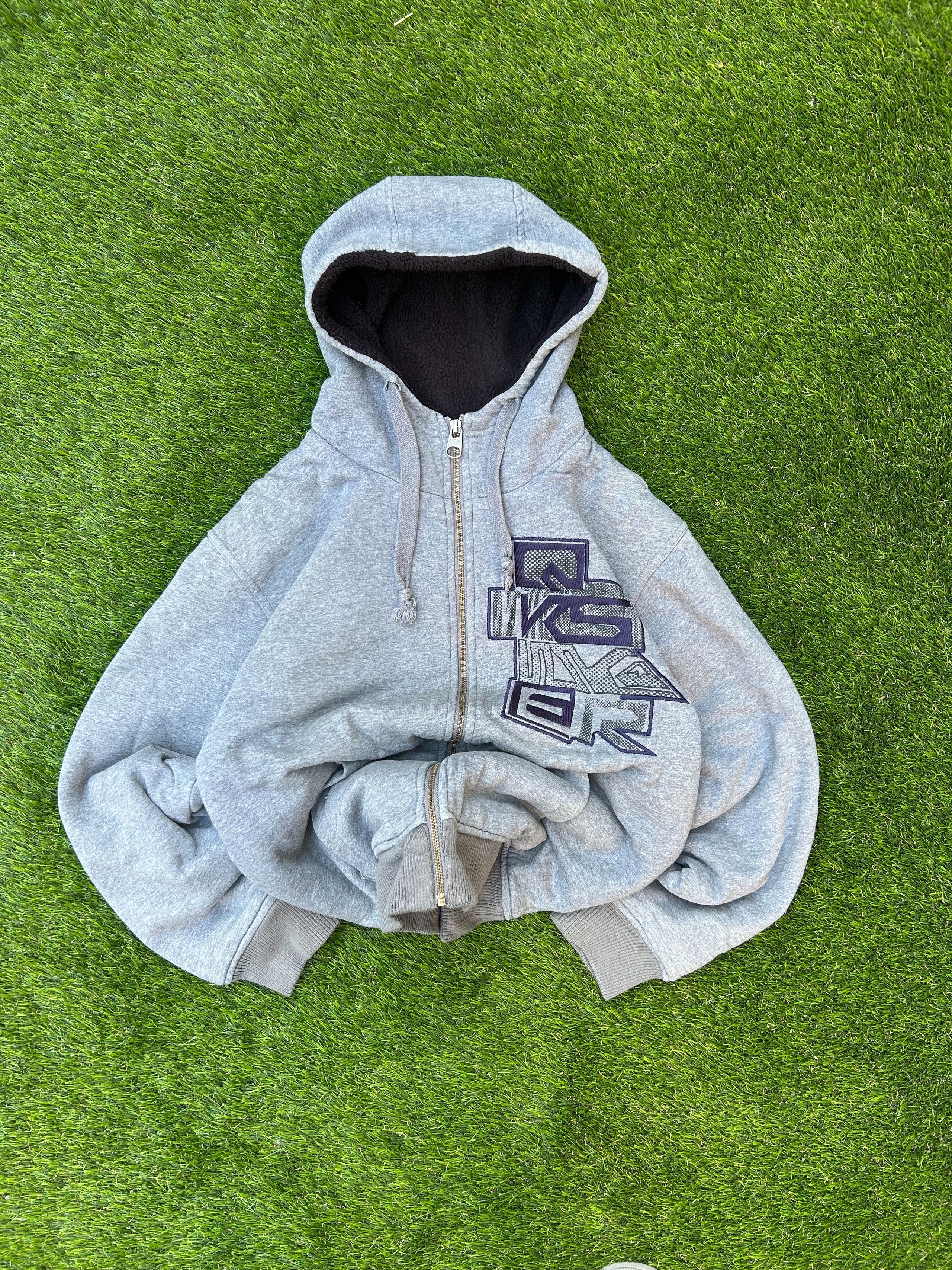 Vintage Quiksilver Grey Fur Lined Zip Hoodie Y2K Surf Skate